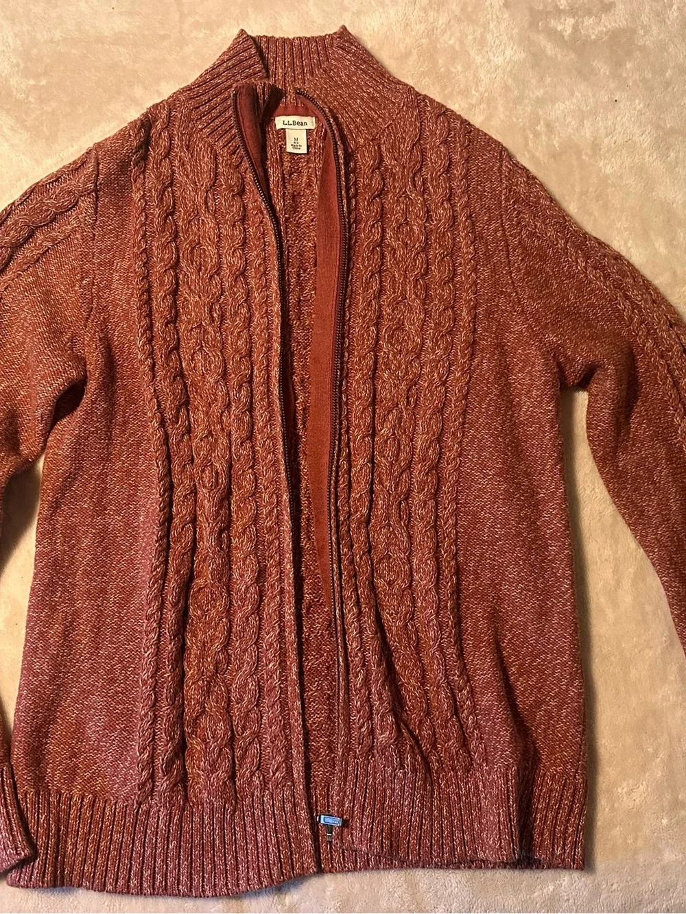 L.L. Bean Cable Knit Zip Sweater in Rust